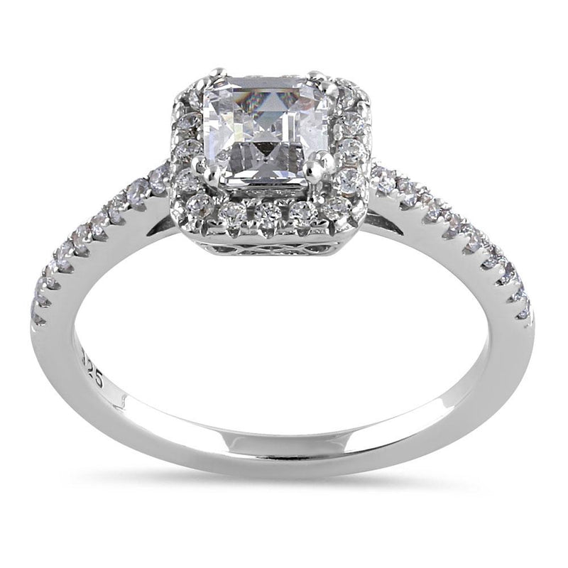 Sterling Silver Elegant Square Halo and Round Cut Clear CZ Engagement Ring