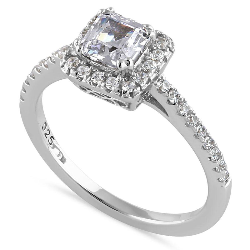 Sterling Silver Elegant Square Halo and Round Cut Clear CZ Engagement Ring