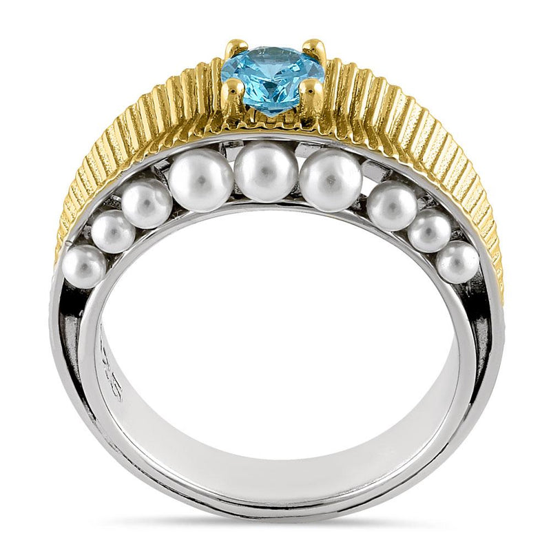 Sterling Silver Two-Tone Blue Topaz CZ and Pearl Ring