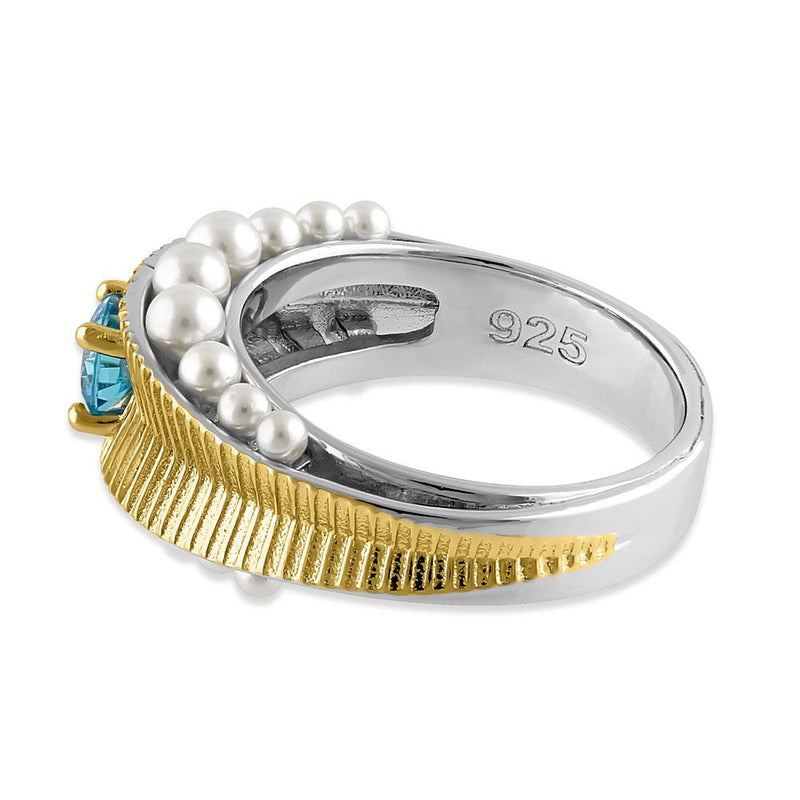 Sterling Silver Two-Tone Blue Topaz CZ and Pearl Ring