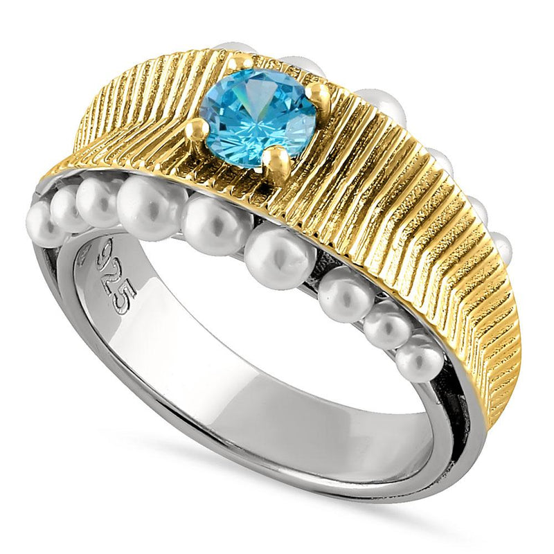 Sterling Silver Two-Tone Blue Topaz CZ and Pearl Ring