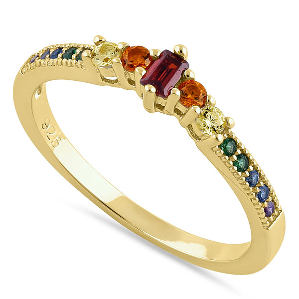 Sterling Silver Yellow Gold Emerald Cut Colorful CZ Ring
