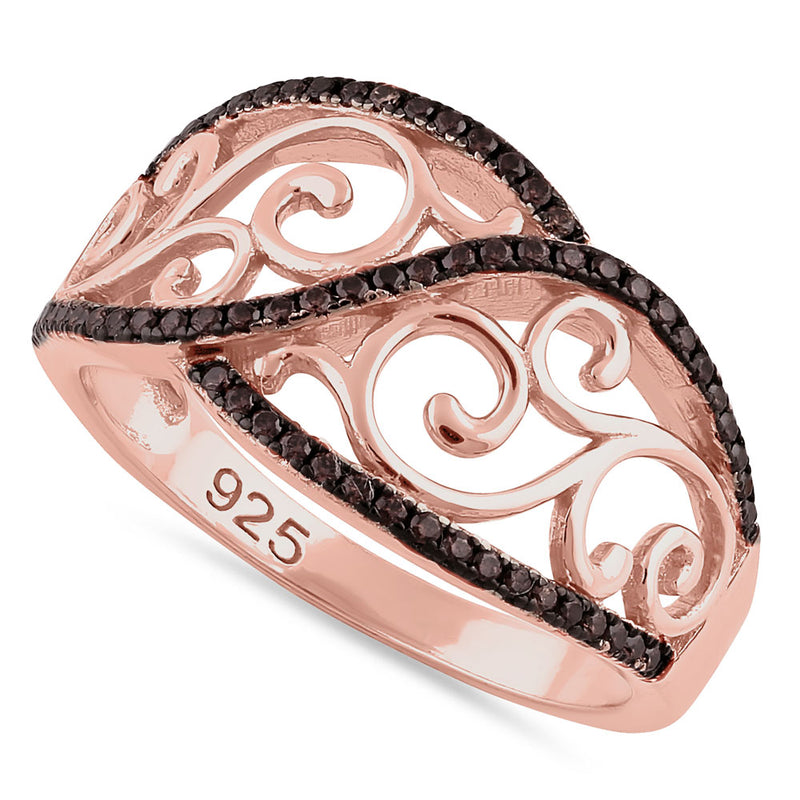 Sterling Silver Vines Rose Gold Plated Brown CZ Ring