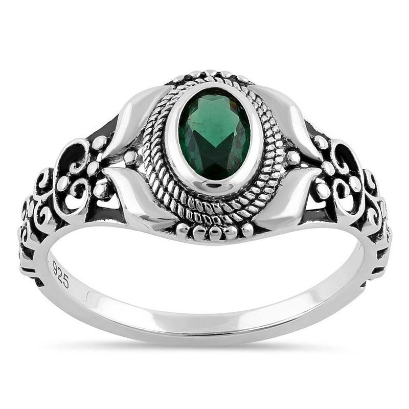 Sterling Silver Austere Oval Cut Green CZ Ring