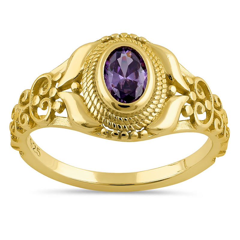 Sterling Silver Gold Plated Austere Oval Cut Amethyst CZ Ring