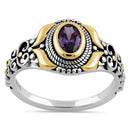 Sterling Silver Gold Plated Detailing Austere Oval Cut Amethyst CZ Ring