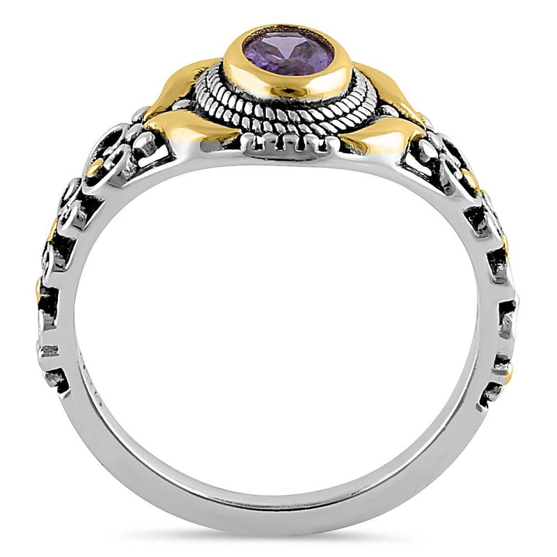 Sterling Silver Gold Plated Detailing Austere Oval Cut Amethyst CZ Ring