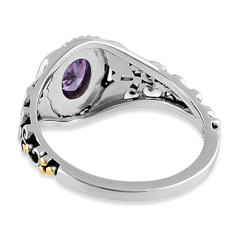 Sterling Silver Gold Plated Detailing Austere Oval Cut Amethyst CZ Ring