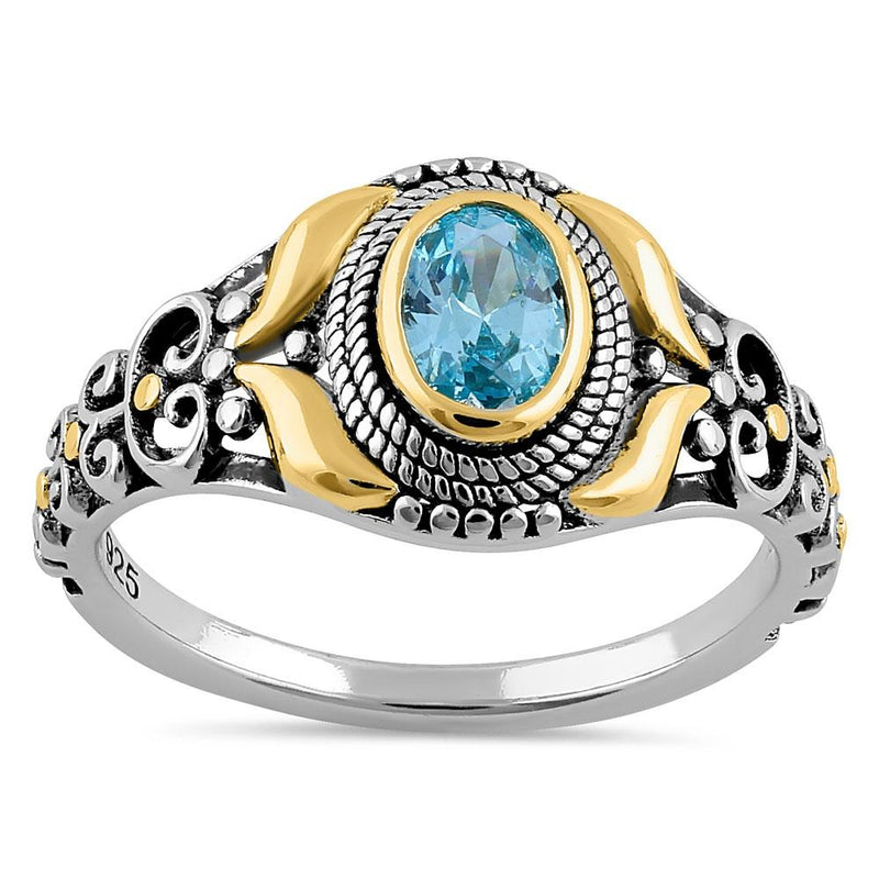 Sterling Silver Gold Plated Detailing Austere Oval Cut Aquamarine CZ Ring