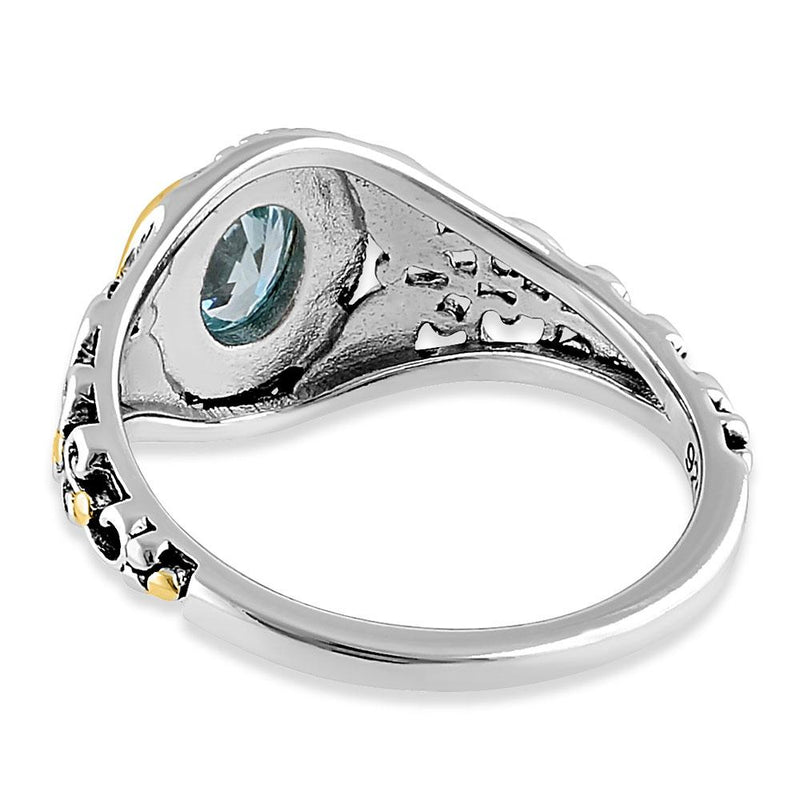 Sterling Silver Gold Plated Detailing Austere Oval Cut Aquamarine CZ Ring