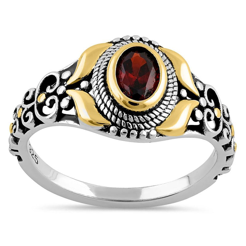Sterling Silver Gold Plated Detailing Austere Oval Cut Dark Garnet CZ Ring