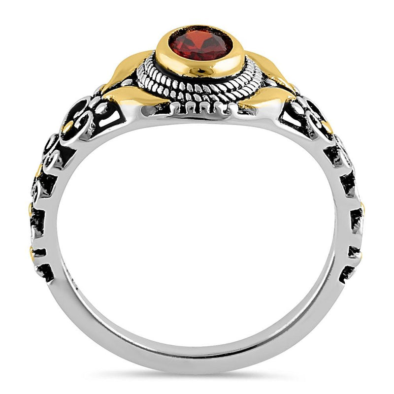 Sterling Silver Gold Plated Detailing Austere Oval Cut Dark Garnet CZ Ring
