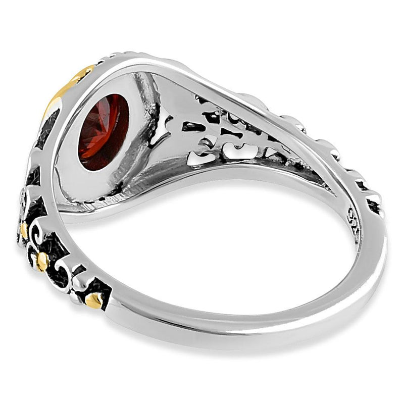 Sterling Silver Gold Plated Detailing Austere Oval Cut Dark Garnet CZ Ring