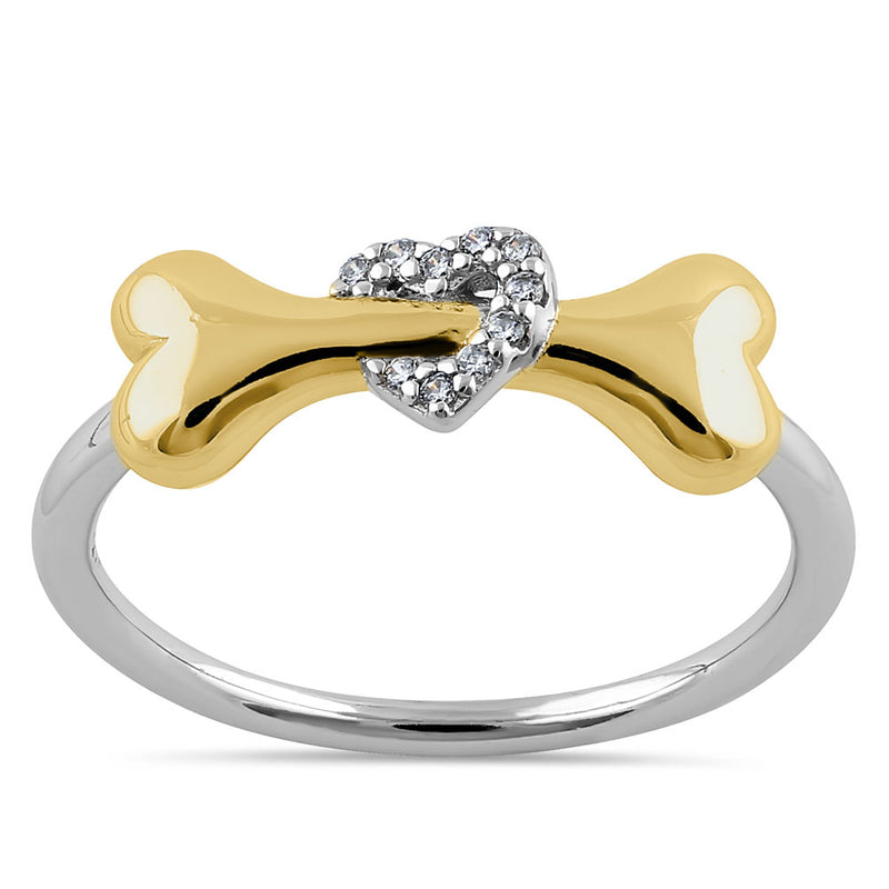 Sterling Silver Gold Plated Dog Bone & Heart Round Cut Clear CZ Ring