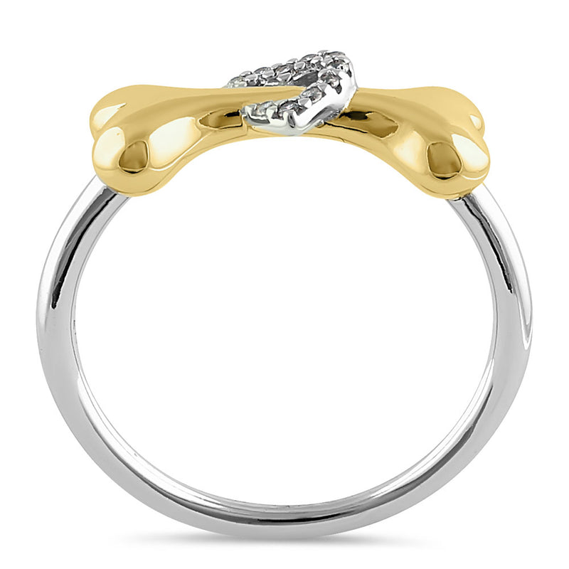 Sterling Silver Gold Plated Dog Bone & Heart Round Cut Clear CZ Ring