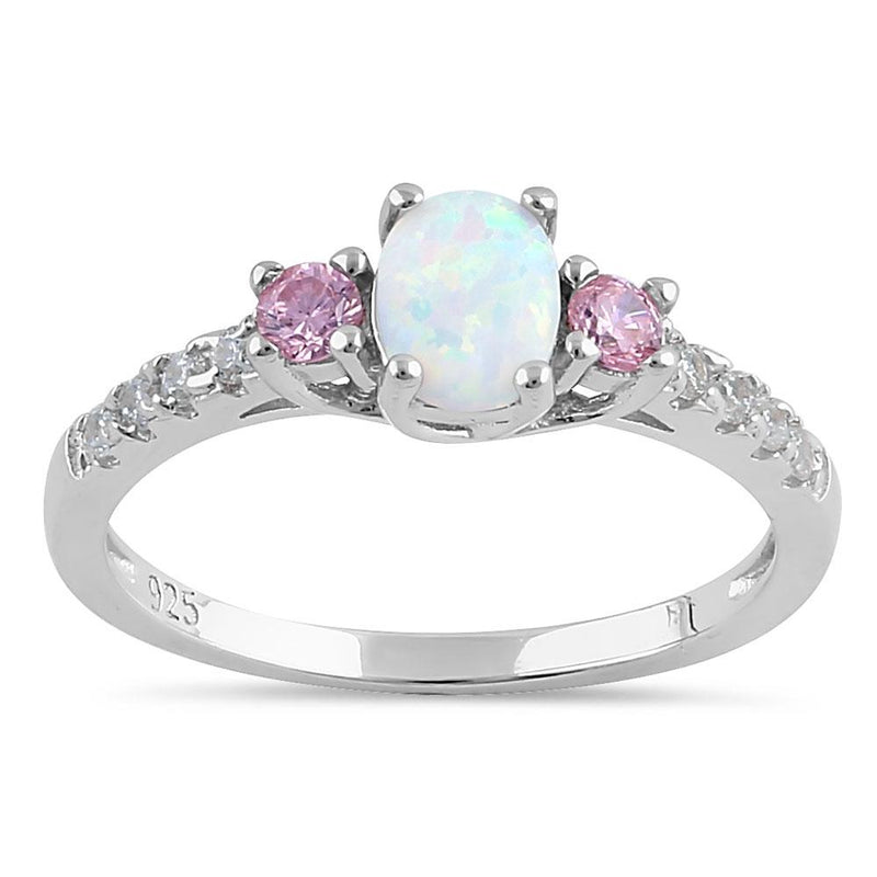 Sterling Silver Enchanted Oval White Lab Opal Pink CZ Ring