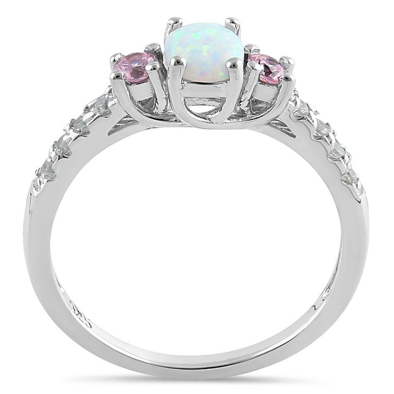 Sterling Silver Enchanted Oval White Lab Opal Pink CZ Ring