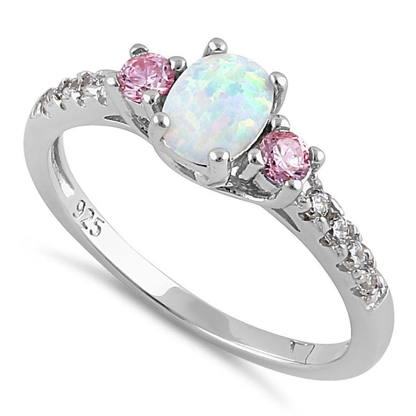 Sterling Silver Enchanted Oval White Lab Opal Pink CZ Ring