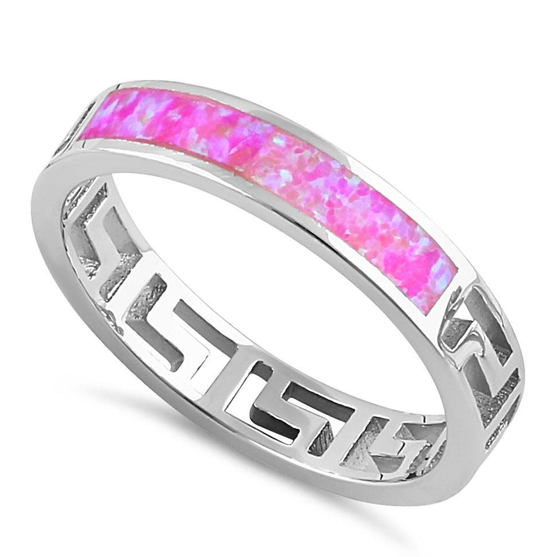 Sterling Silver Greek Pink Lab Opal Band Ring