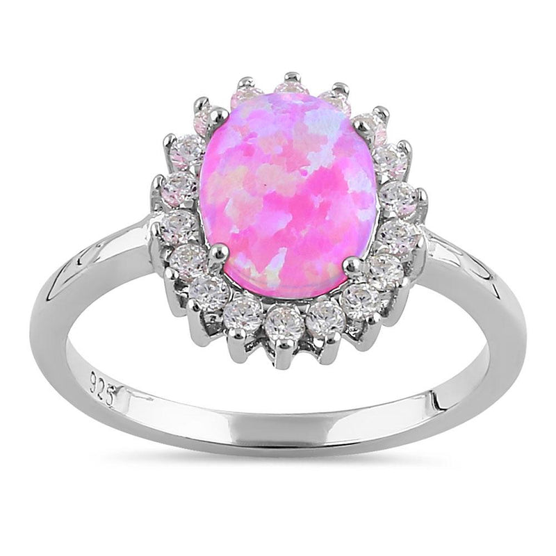 Sterling Silver Pink Opal Oval CZ Halo Ring