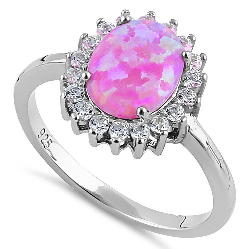 Sterling Silver Pink Opal Oval CZ Halo Ring