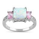 Sterling Silver Square White Lab Opal Pink CZ Ring