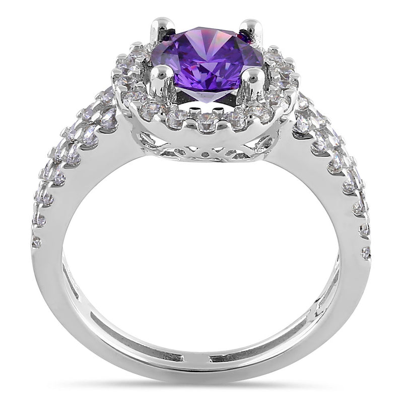 Sterling Silver Round Amethyst Halo CZ Ring