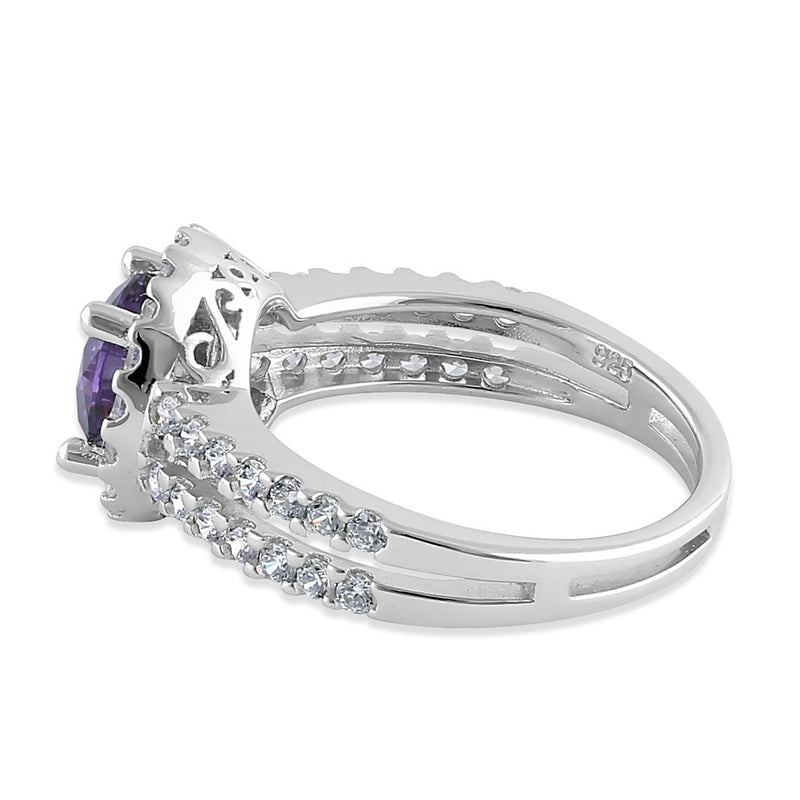 Sterling Silver Round Amethyst Halo CZ Ring