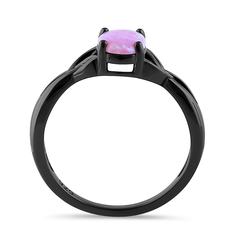 Sterling Silver Black Rhodium Plated Center Stone Charmed Pink Lab Opal Ring