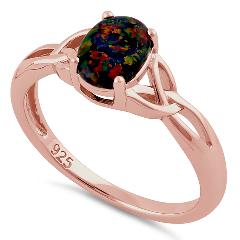 Sterling Silver Rose Gold Center Stone Charmed Black Lab Opal Ring
