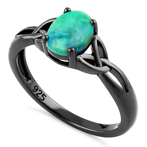 Sterling Silver Black Rhodium Plated Center Stone Charmed Blue Green Lab Opal Ring