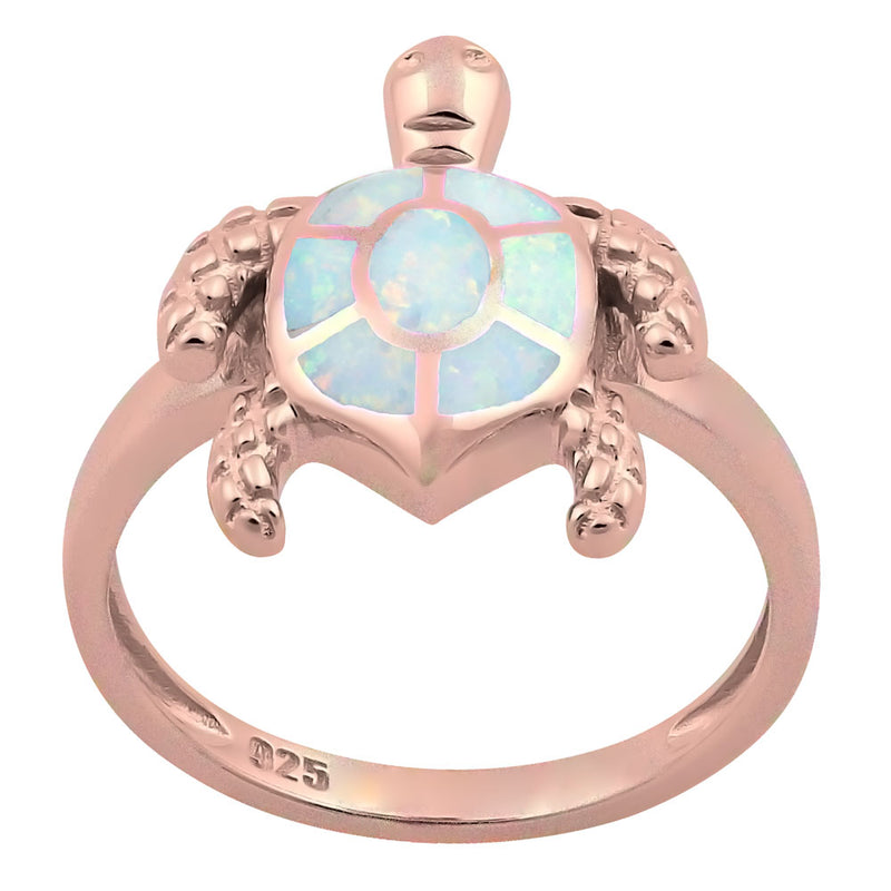 Sterling Silver Rose Gold  Turtle White Lab Opal Ring