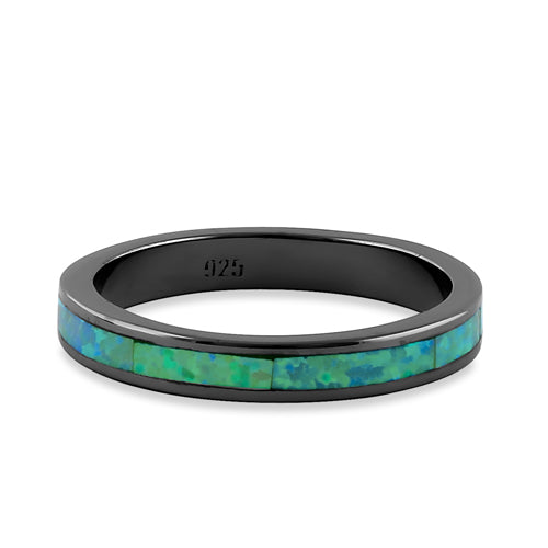 Sterling Silver Black Rhodium Plated Seamless Green Lab Opal Ring