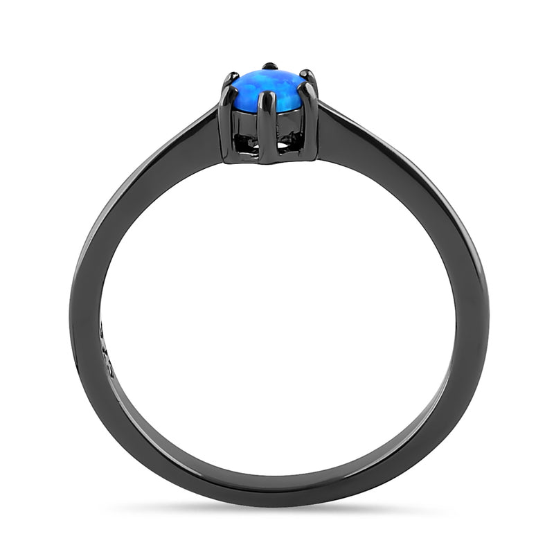 Sterling Silver Black Rhodium Plated Round Blue Lab Opal Ring