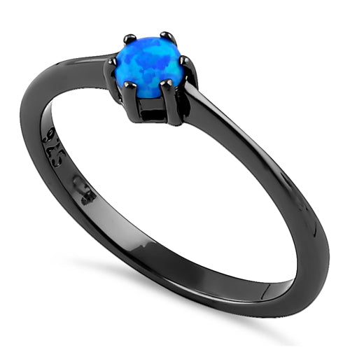 Sterling Silver Black Rhodium Plated Round Blue Lab Opal Ring
