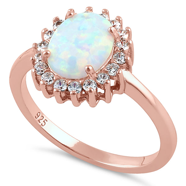 Sterling Silver Rose Gold Oval Halo White Lab Opal CZ Ring