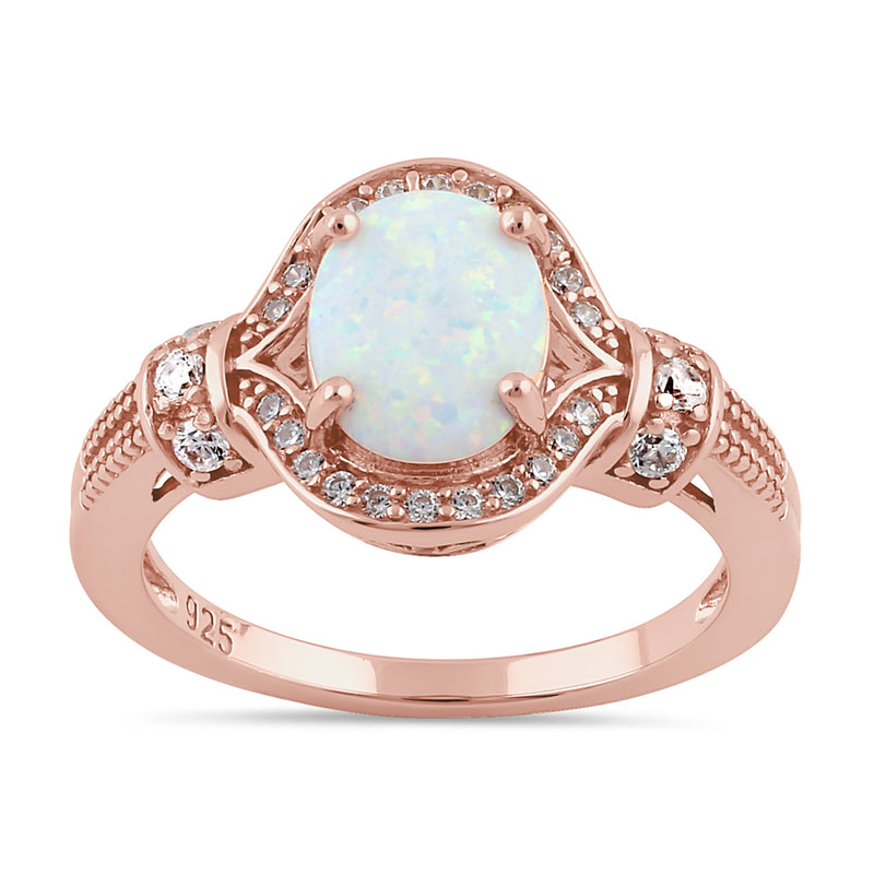 Sterling Silver Rose Gold Elegant White Oval Lab Opal CZ Ring