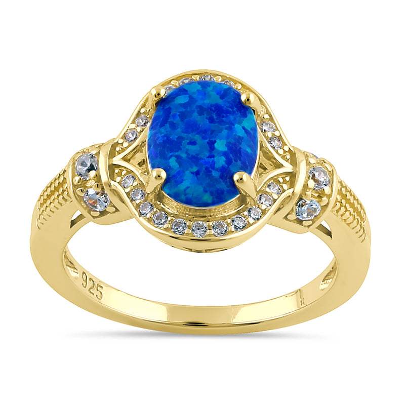 Sterling Silver Gold Plated Elegant Oval Blue Lab Opal CZ Ring