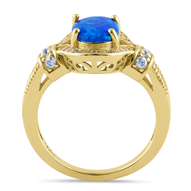 Sterling Silver Gold Plated Elegant Oval Blue Lab Opal CZ Ring