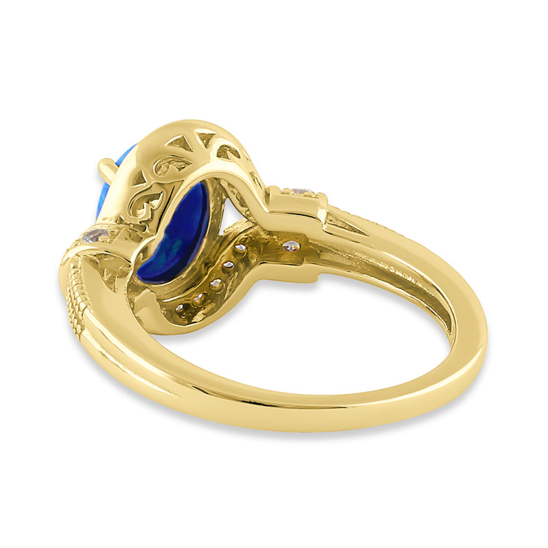 Sterling Silver Gold Plated Elegant Oval Blue Lab Opal CZ Ring