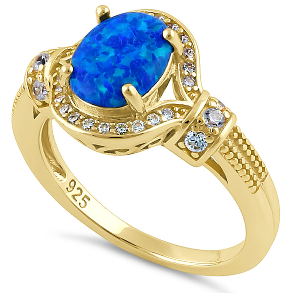 Sterling Silver Gold Plated Elegant Oval Blue Lab Opal CZ Ring