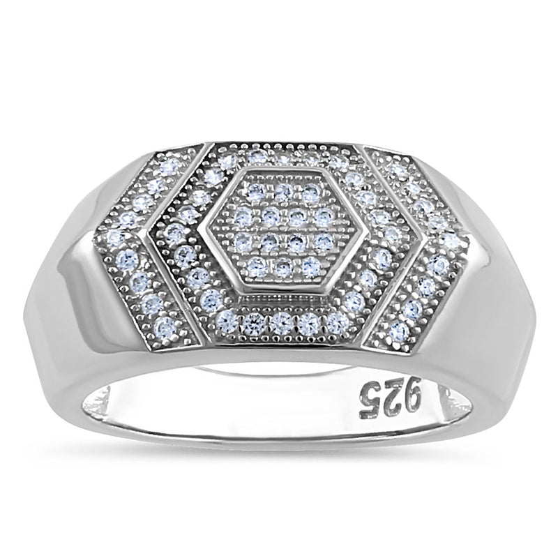 Sterling Silver Clear CZ Layered Hexagon Band Ring