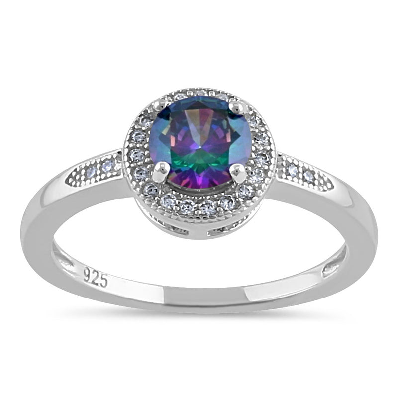 Sterling Silver Elegant Round Halo Rainbow CZ Ring
