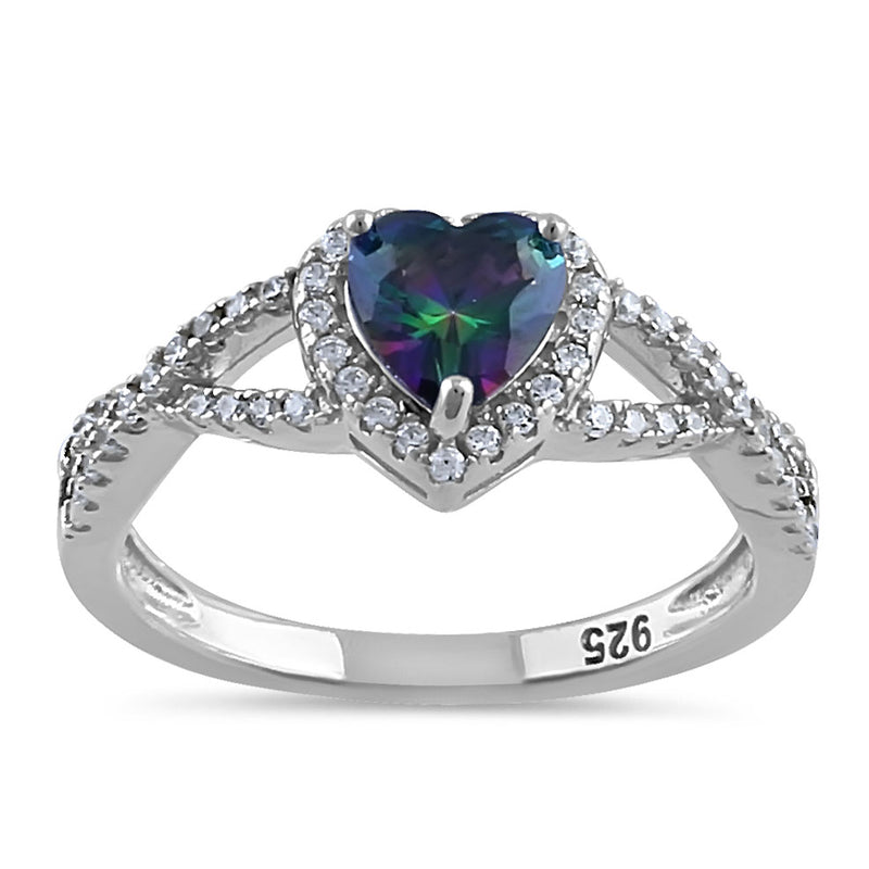 Sterling Silver Heart Halo Twist Rainbow CZ Ring