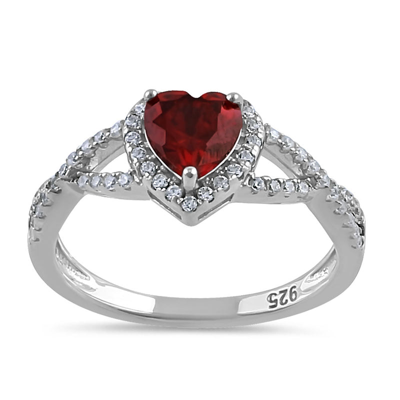 Sterling Silver Heart Halo Twist Garnet CZ Ring