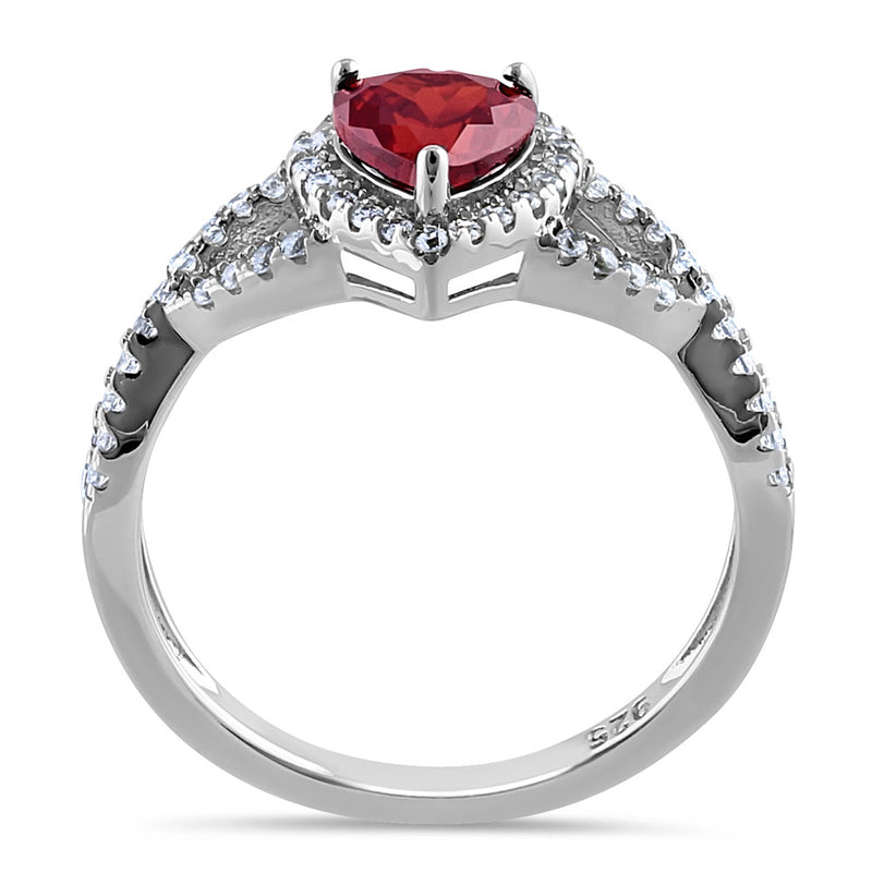 Sterling Silver Heart Halo Twist Garnet CZ Ring