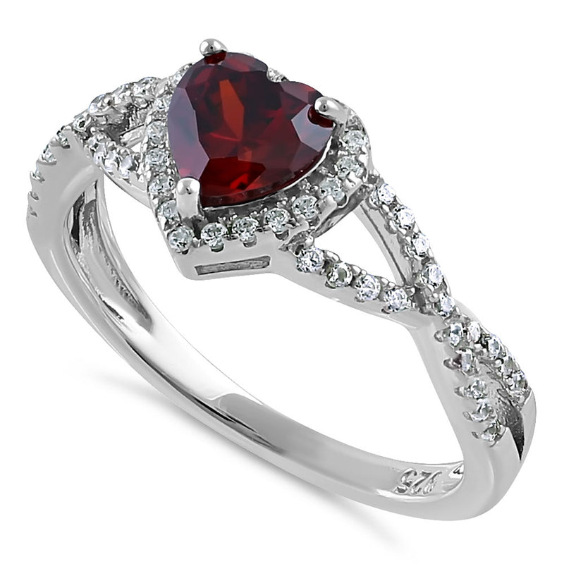 Sterling Silver Heart Halo Twist Garnet CZ Ring