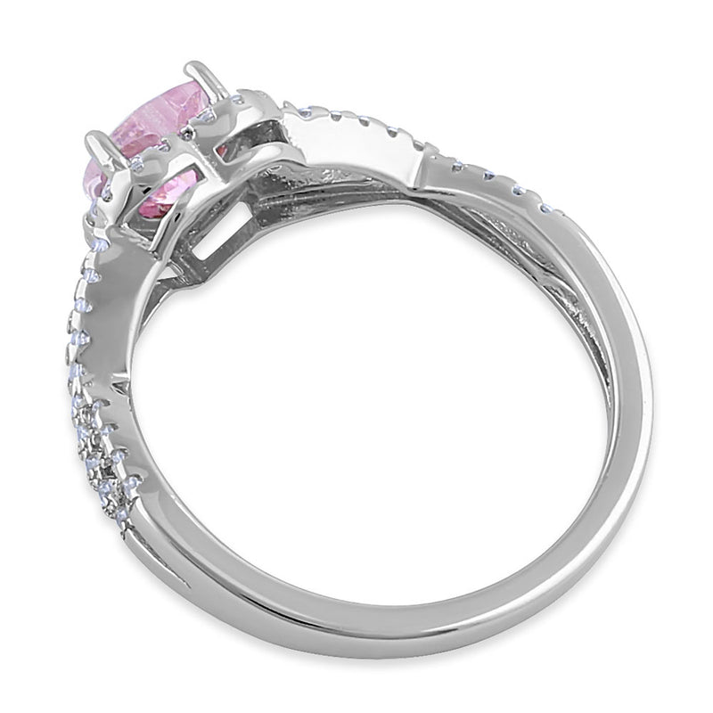 Sterling Silver Heart Halo Twist Pink CZ Ring