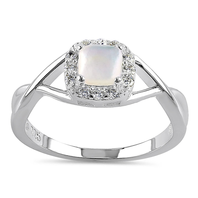 Sterling Silver Square Halo Mother of Pearl CZ Ring