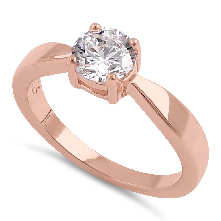 Sterling Silver 6mm Round Clear CZ Rose Gold Plated Ring